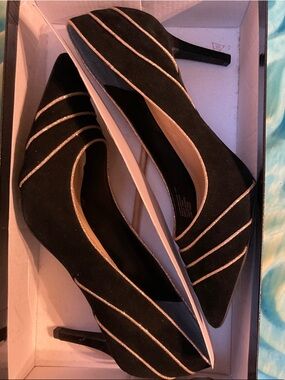 Elegant Black velvet Pointed-Toe Pump with Metallic Trim